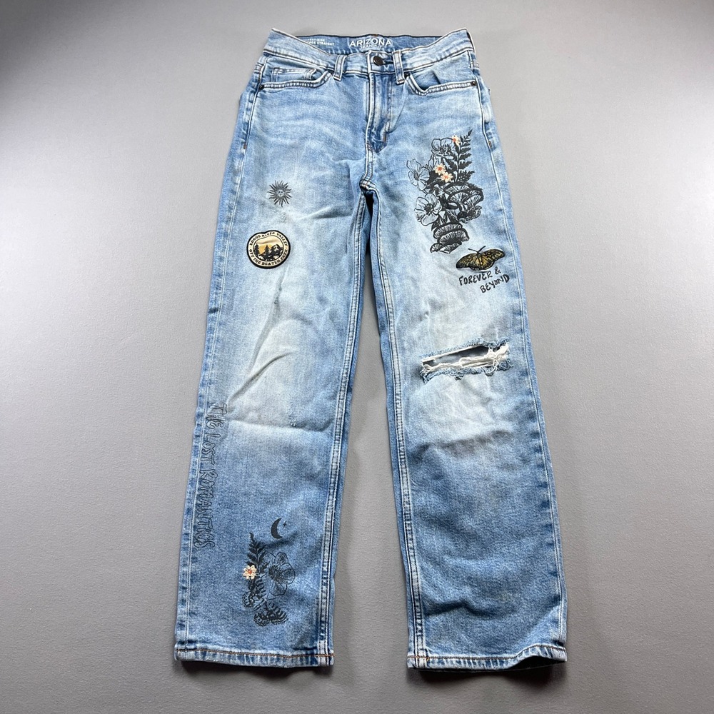 Arizona Vintage Straight Fit Jeans Womens 0 Blue Floral Denim Cotton High Rise